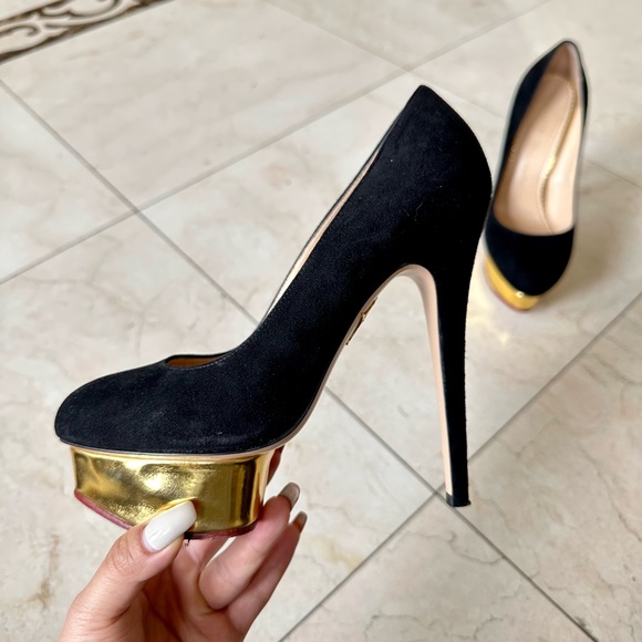 Charlotte Olympia Black Suede Gold Platform Pumps Heels 37.5 - Picture 6 of 7